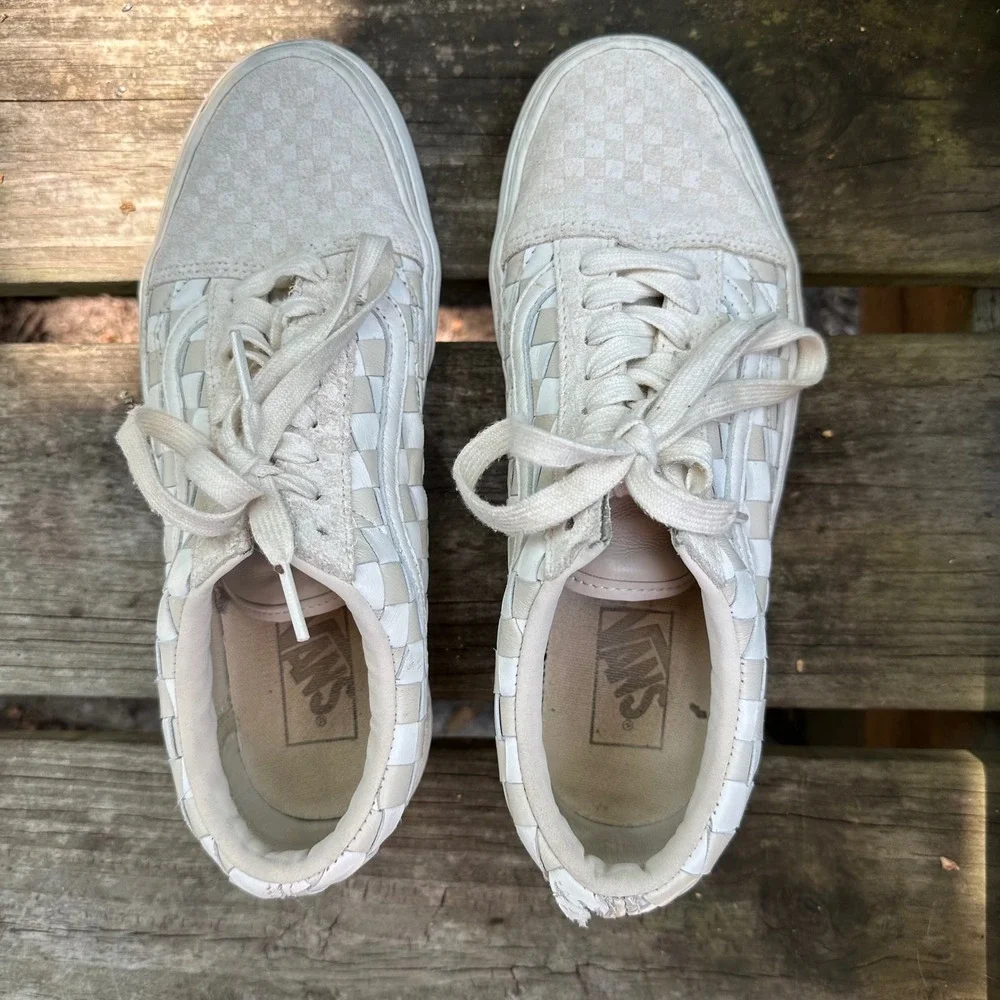Vans Old Skool Woven Leather Checkerboard Sneakers Beige Men's Sz 8 Women's 9.5 - Picture 2 of 9